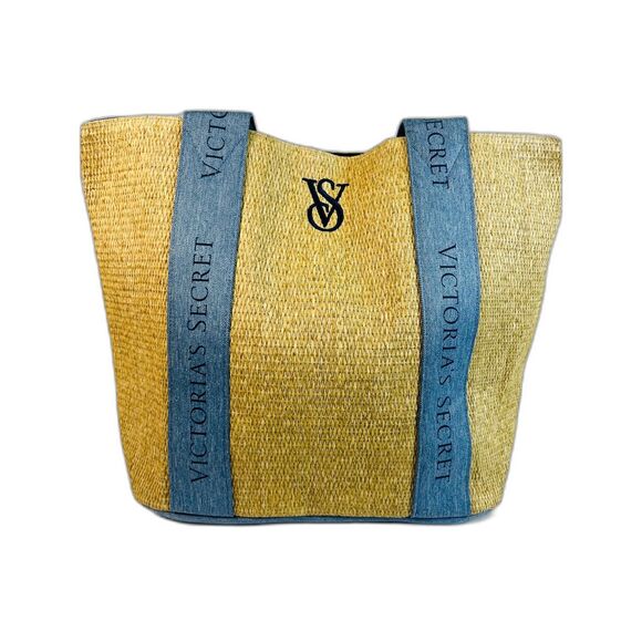 VS Victoria Secret Beach Tote Bag Pool Straw Raffia Woven Beige Blue Logo Boho - Picture 2 of 9